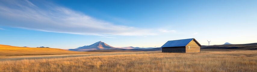 Obraz premium Serene Landscape with Rustic Cabin and Majestic Mountain View