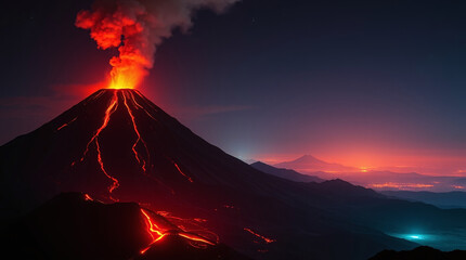 A volcanic eruption at night. Deep violet skies contrast with the fiery orange-red glow of lava cascading down the mountainside. Flames of yellow-orange erupt into the sky.