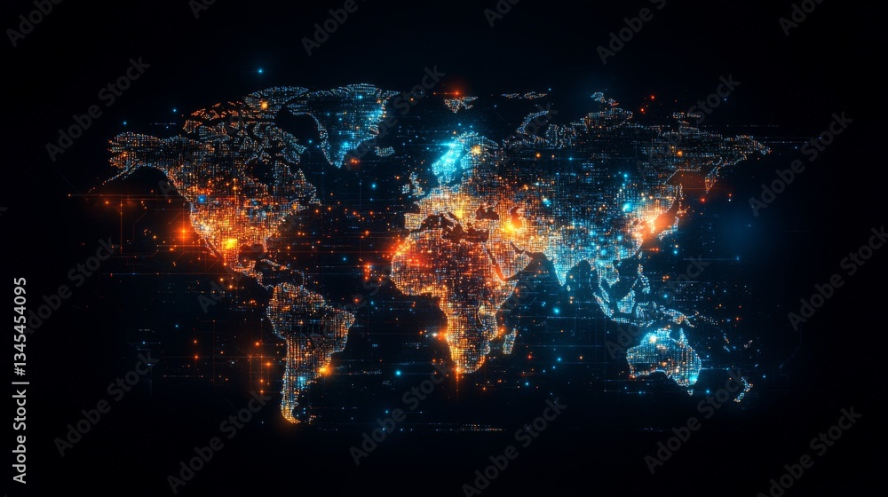 Poster digital map showcasing international user activity across various regions in 4k resolution