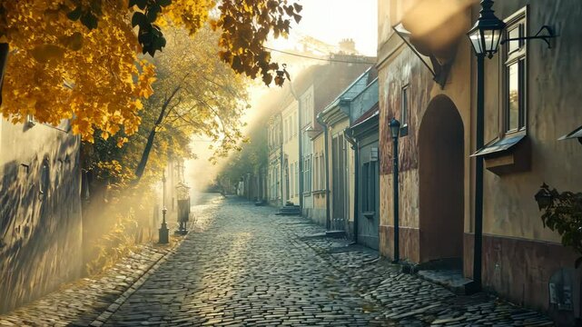 Cobblestone street with early morning mist, soft light filtering through trees and old buildings.