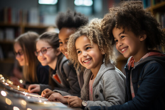  Kids from diverse ethnicities are observed engaging with a digital tablet amidst the shelves of a bustling library