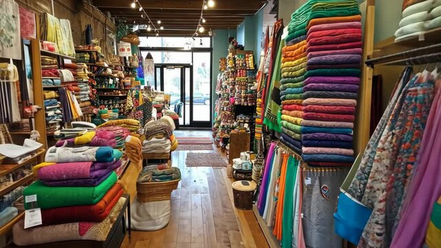 rows of vibrant textiles in a cozy shop, focus on colorful and inviting design, modern and organized layout, cheerful and engaging shopping experience