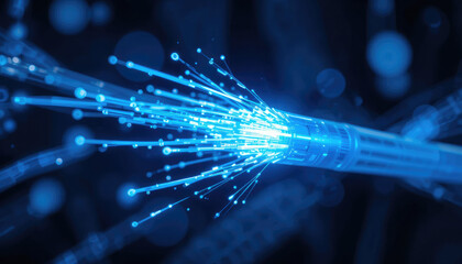 Blue light emanating from a high-speed fiber-optic internet line, isolated
