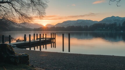 Fototapeta premium Tranquil sunrise over a calm lake, evoking peace and serenity.