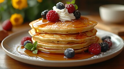 Delicious pancakes, berries, syrup, kitchen, breakfast