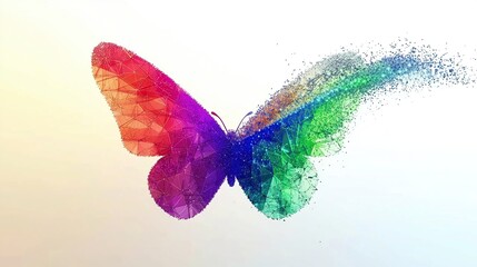 Obraz premium Colorful butterfly silhouette made of particles in a low-poly design, set against a white background, ideal for a logo. 