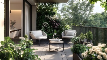 Sun-Drenched Balcony Featuring Comfortable Outdoor Furniture and Greenery