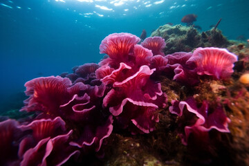 realm of crimson seaweed beneath undulating waves, epitomizing its indispensable function in intricate tapestry of marine ecosystems, iridescent waters, and opulent profusion of life that envelops it 