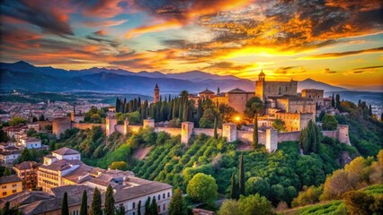 Naklejka premium Albaicín's sunset silhouettes against Alhambra's splendor; a breathtaking Granada panorama.