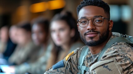 Veteran participates in leadership seminar, engaging with fellow attendees in educational setting