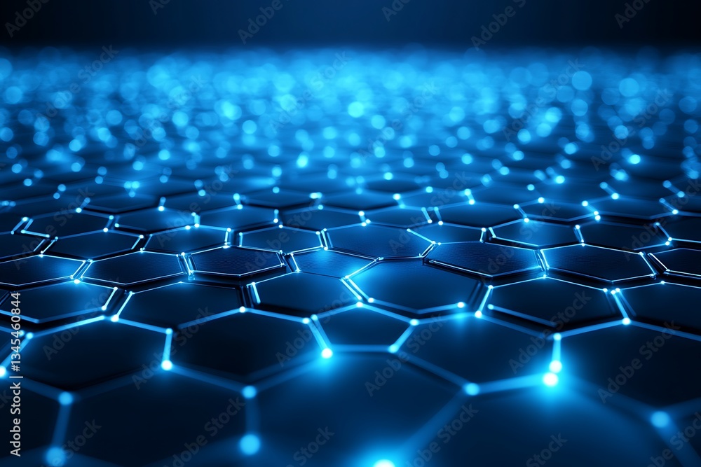 Poster an abstract technology background with a network of glowing blue hexagons and electronic circuitry e