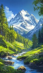 Majestic Alpine Valley with Snow-Capped Peaks wallpaper