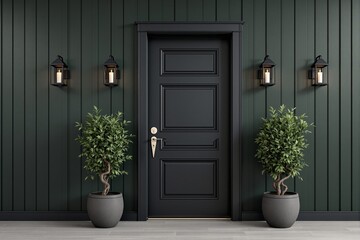 Elegant modern entrance door with dark green paneling and decorative lanterns.