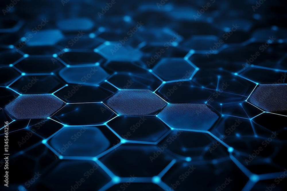 Aufkleber an abstract technology background with a network of glowing blue hexagons and electronic circuitry e