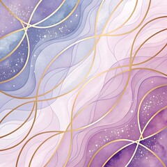 Soft pastel waves of purple and pink, intersecting golden arcs, and dreamy celestial sparkles.