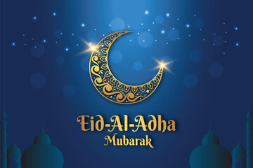 Eid al-Adha Mubarak celebration with lanterns, crescent moon, and mosque silhouette