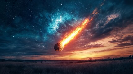 Obraz premium An asteroid streaking across the sky at dusk, glowing with intense light 