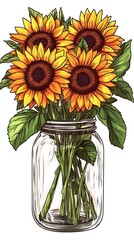 Obraz premium Sunflowers Bouquet in a Mason Jar Rustic Charm Artistic Floral Illustration Bright and Cheerful Display