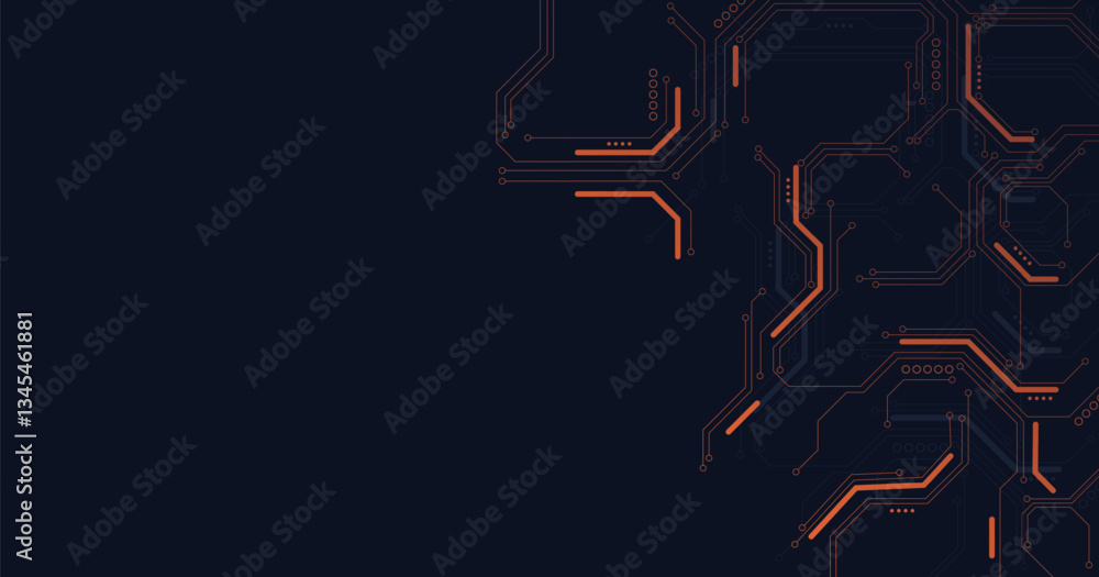 Poster orange circuit diagram on dark blue background. digital circuit board technology background for inte