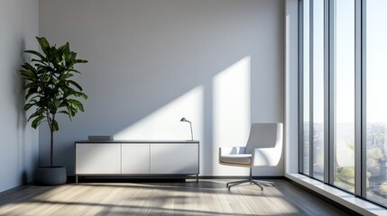 A solitary chair in a modern workspace, embodying simplicity and focus in a clean, minimalist design.