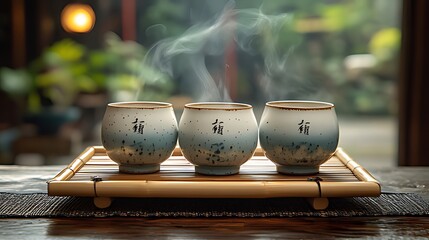 Steaming teacups, bamboo tray, garden, serenity, zen