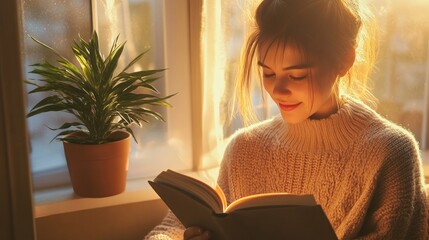 Woman sits reading a book by her favorite window corner, with soft morning sunlight.