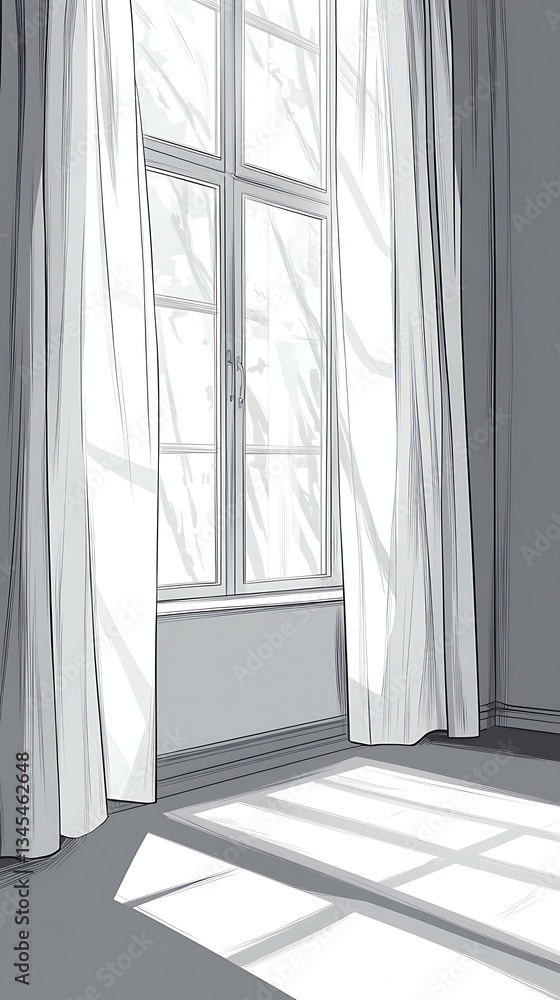 Poster sunlit window with curtains illuminating the room creating shadow patterns and interior ambience