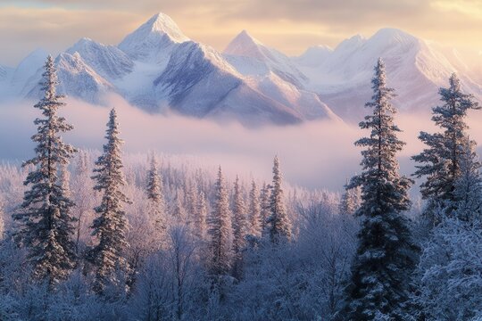 a serene winter landscape with frostcovered pine trees leading to misty mountain peaks captured in soft morning light
