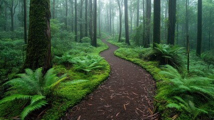 Misty forest path winding through lush greenery