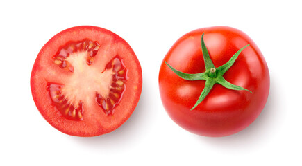 Top view of fresh juicy red Tomato with cut in half  isolated on white background. Clipping path.