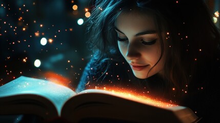 Woman sits reading a book, and a magical light from a fiber optic beam appears from the book.