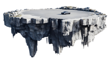 3D Render of Car on Floating Stone Island Isolated Over Transparent Background Presenting Road Terrain and Scenic Cliff Transportation for Transportation Concept and Outdoor Day Trip