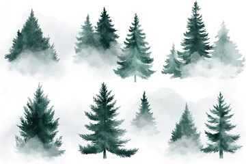 Obraz premium set of watercolor misty evergreen trees hand drawn on a white background