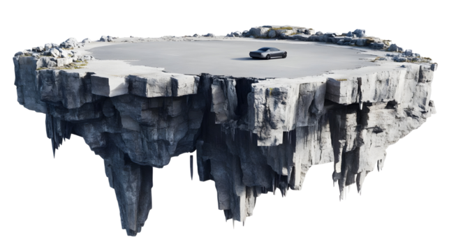 3D Render of Car on Floating Stone Island Isolated Over Transparent Background Presenting Road Terrain and Scenic Cliff Transportation for Transportation Concept and Outdoor Day Trip