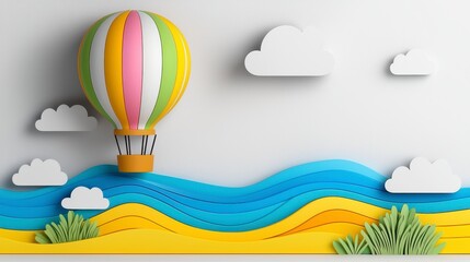 Whimsical Paper Craft Hot Air Balloon Over Sandy Beach