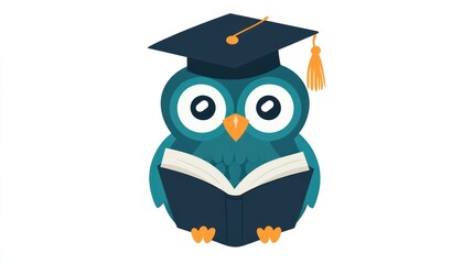 Cute owl with graduation cap reading a book, education concept, suitable for children's books or learning material