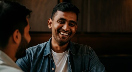 Smiling young adult male in denim jacket sitting indoors