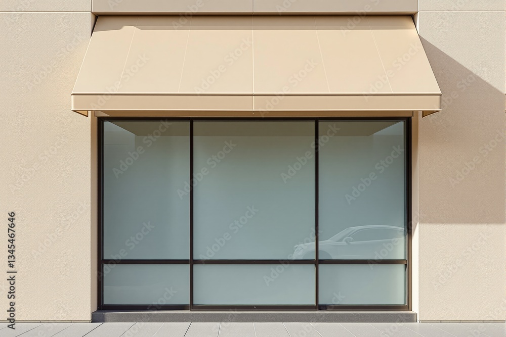 Poster empty storefront with large glass windows and beige awning.