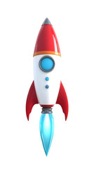 3d Rendering Cartoon Rocket Ship Launch Into Space Illustration on Transparent Background Featuring White Red and Blue Color Scheme Ready for Startup Project