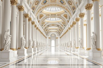 Grand neoclassical interior with marble columns and statues.