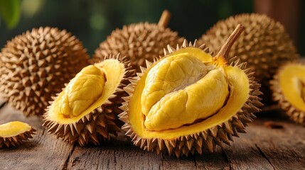 Fresh Durian Fruit Slices on Wooden Table, Tropical Fruit Background