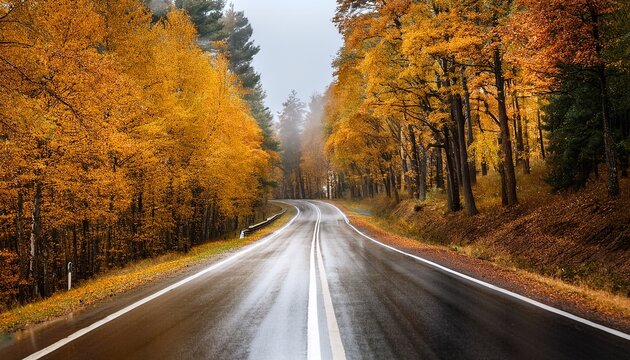 wet asphalt road through the forest between yellow autumn trees - Powered by Adobe