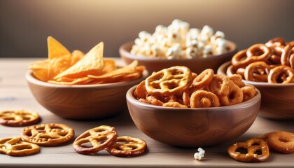 salty and sweet snacks pretzels chips crackers popcorn in wooden bowls on table