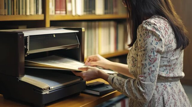 Archivist using a microfilm reader to study old newspapers, combining traditional methods with modern tools for research