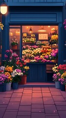 Obraz premium Vibrant Flower Shop Display with Blooming Flowers and Lush Greenery at Night in an Urban Setting