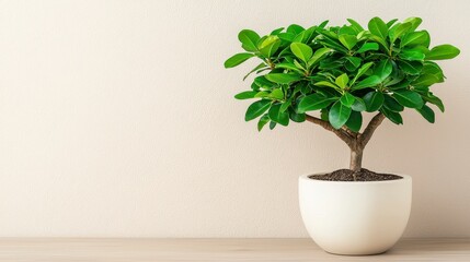 Fototapeta premium Green Bonsai Tree in White Pot Against Beige Wall