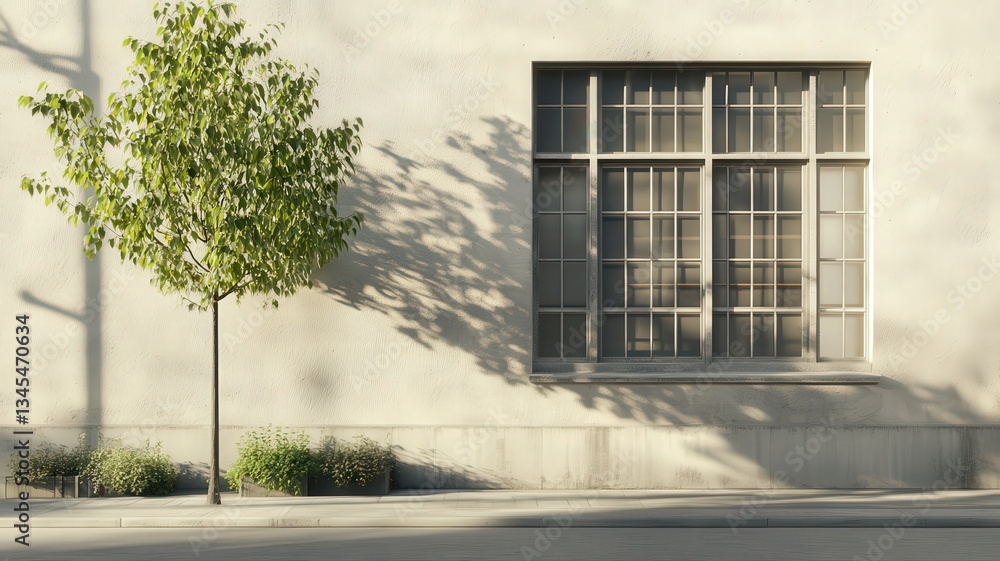 Poster small tree and large window on a beige building