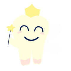 Cartoon cute tooth With magic wand and crown smiling