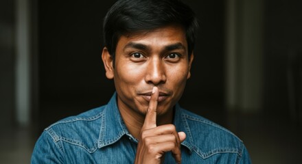 Young asian male making quiet gesture in denim shirt