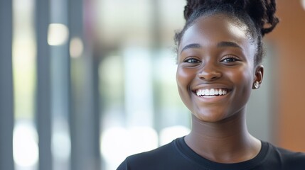 African American woman beams with joy, radiating warmth and confidence.